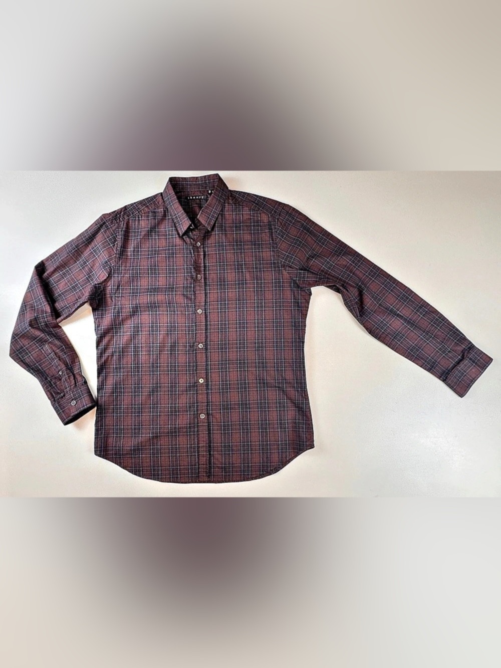 Theory Zack PS Plaid Cotton Shirt in Burgundy & Blue Large